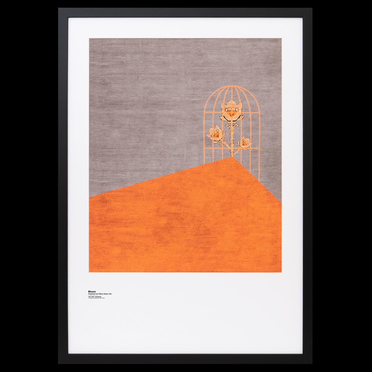 Bloom fine art print in orange and taupe, shown in a lifestyle front view as image 1