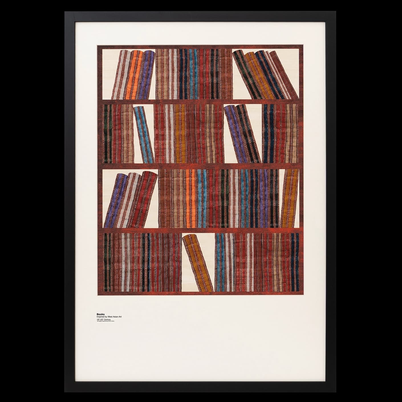 Books fine art print in rust, blue and multicolour, shown in a lifestyle front view as image 1