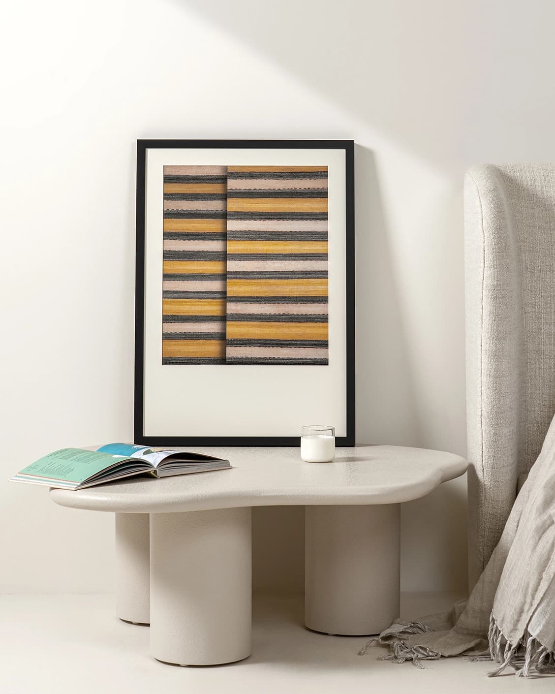 Bumblebee Grey fine art print in grey, beige and yellow, shown in a lifestyle front view as image 2