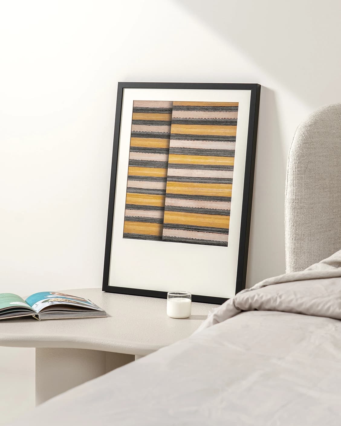 Bumblebee Grey fine art print in grey, beige and yellow, shown in a lifestyle right view as image 3