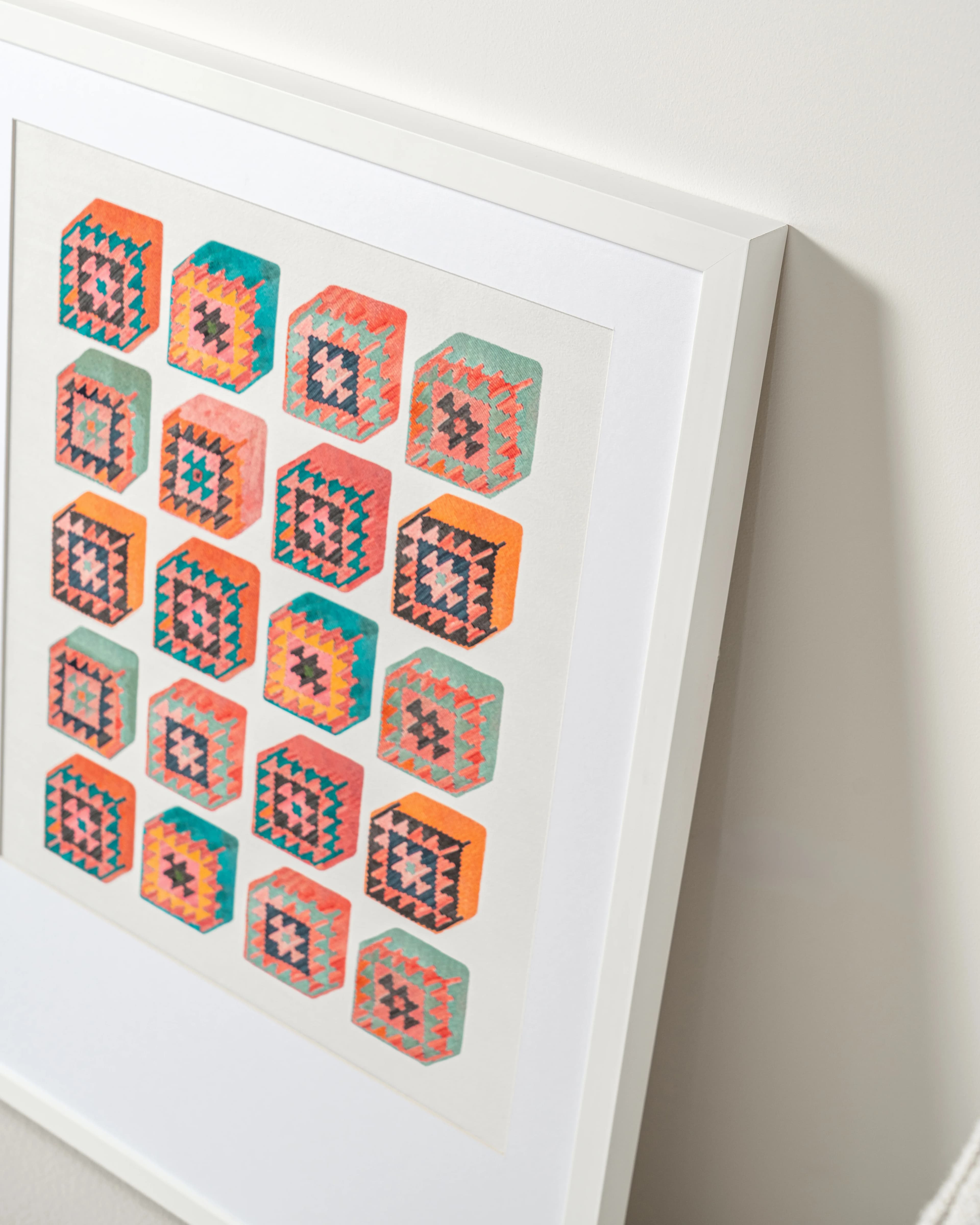 Cubism fine art print in multicolour, shown in a lifestyle top view as image 5