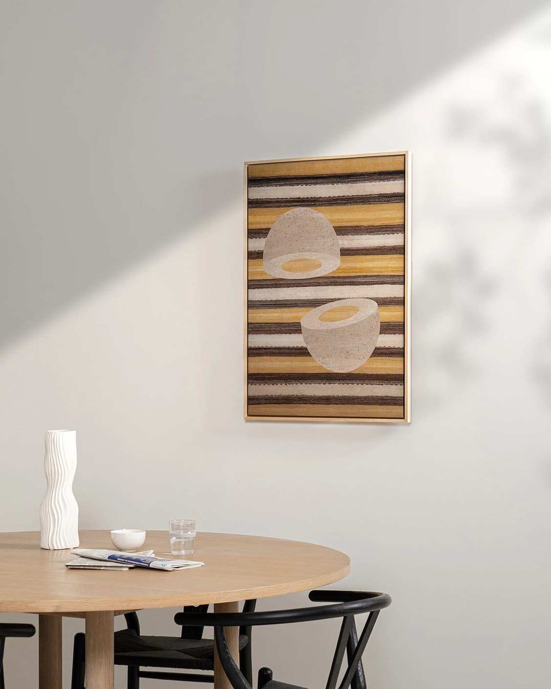 Eggercise canvas in yellow, brown and beige, shown in a lifestyle right view as image 5