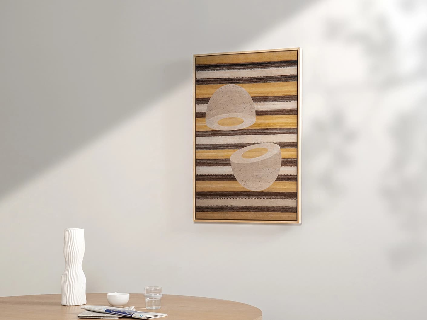 Eggercise canvas in yellow, brown and beige, shown in a lifestyle right view as image 3